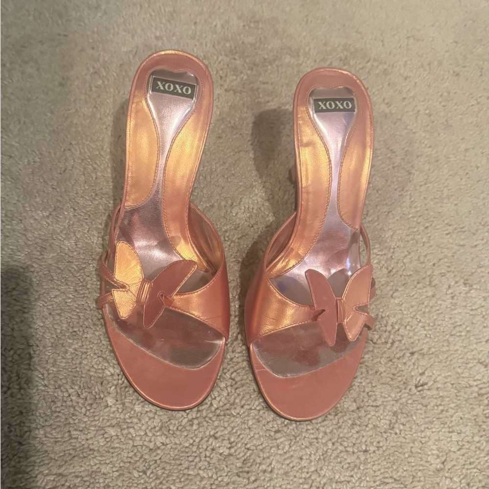 XOXO Metallic Pink Leather Slides 3” Heels Size 6.5M with Butterfly motif